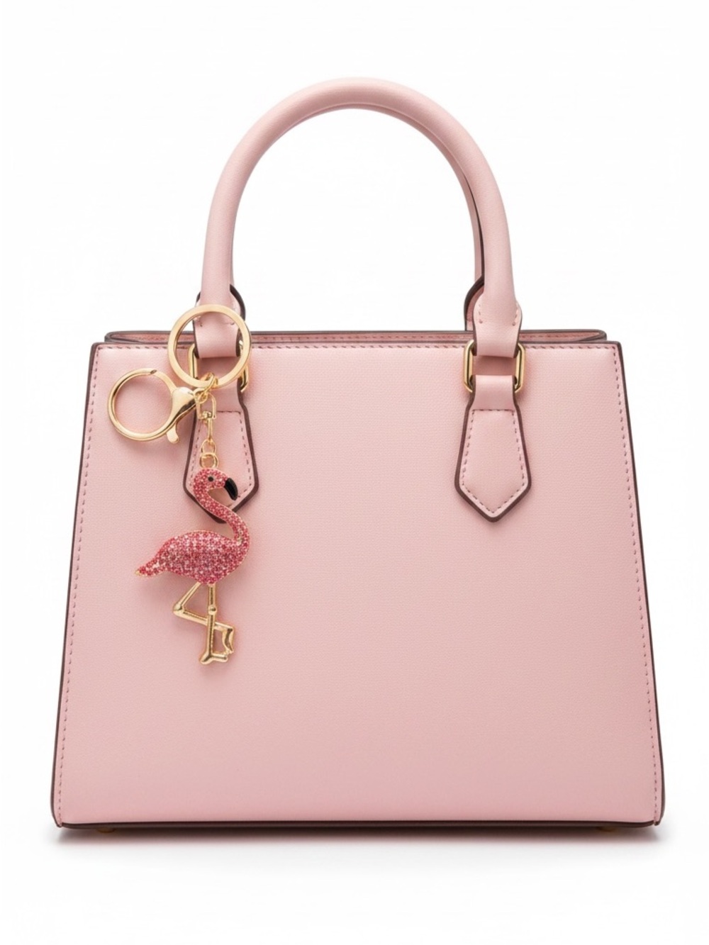 Flamingo Hot Light Pink Allover Rhinestone & Gold 2.5” Keychain Bag Purse Charm